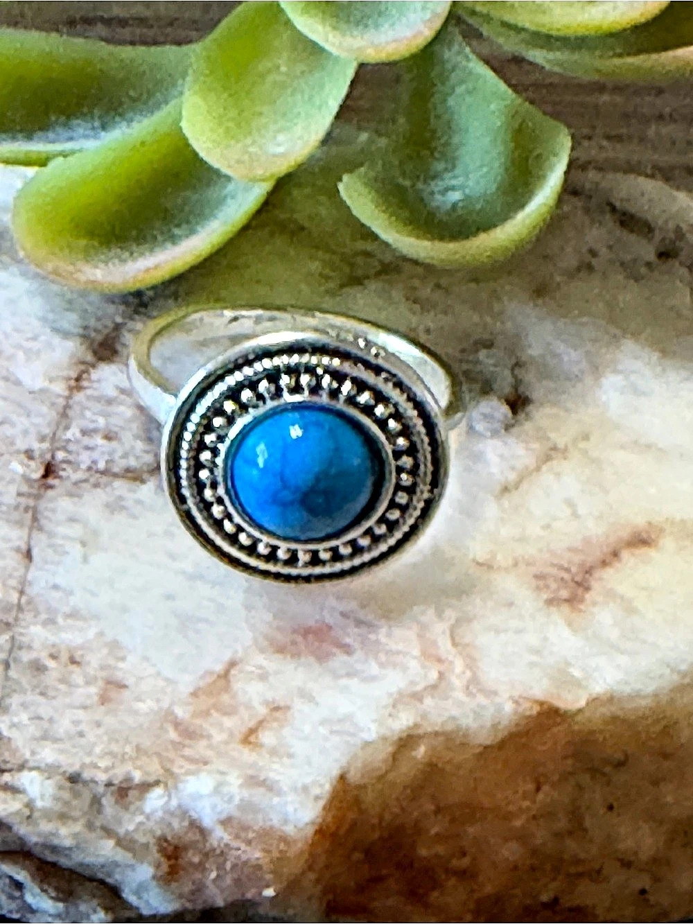 Boho Silver Tone Blue Stone Ring size 7.5